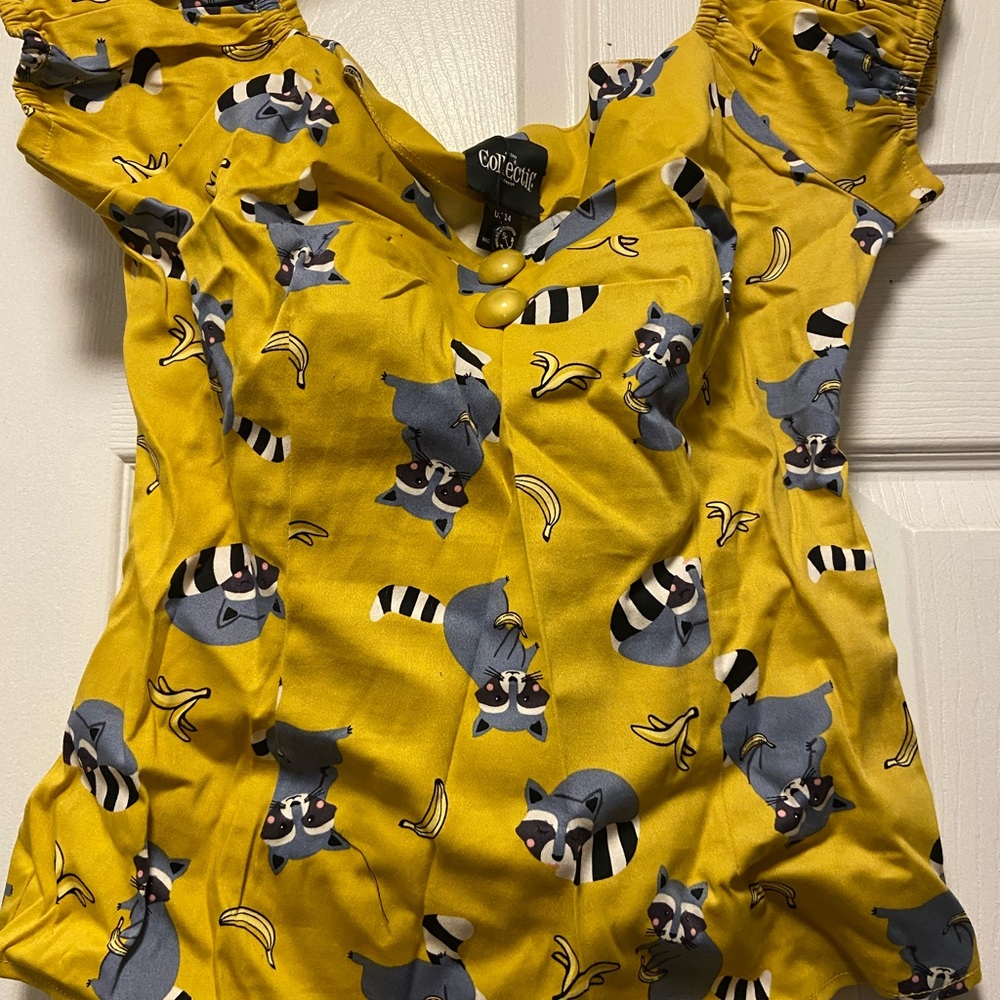 Collectif Yellow Raccoon Print Blouse